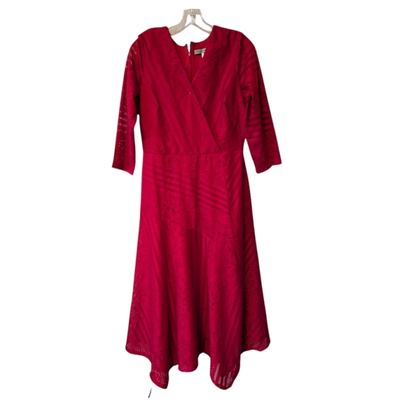 Danny & Nicole Ruby Red 3/4 Sleeve Dress Striped Floral Lace Midi Sz. 10 - Picture 6 of 16